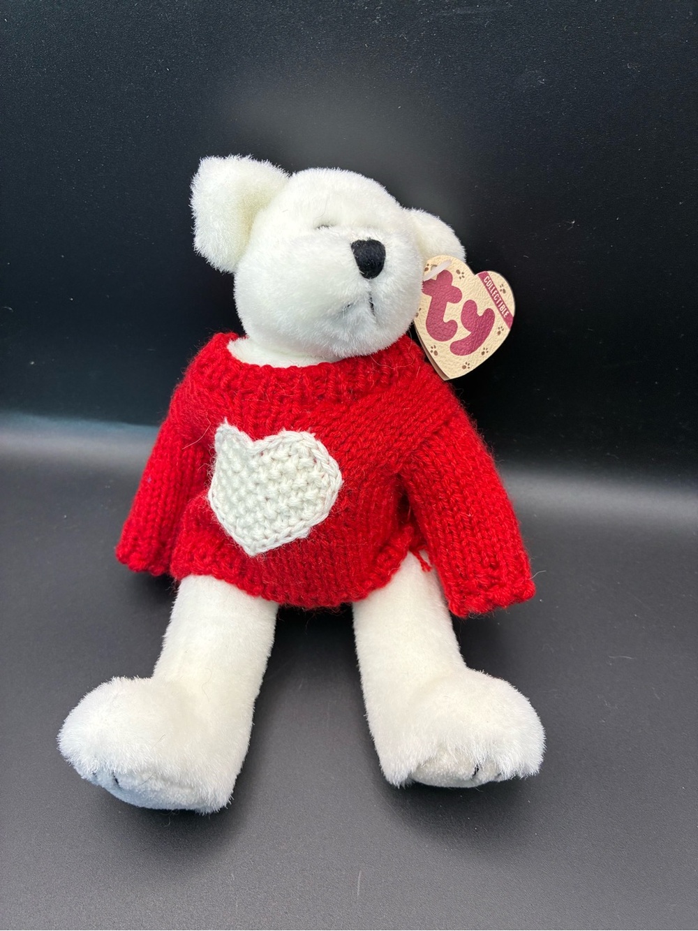 Attic collection -Ty White Bear in Red Knit Sweater with White Heart - Nicholas